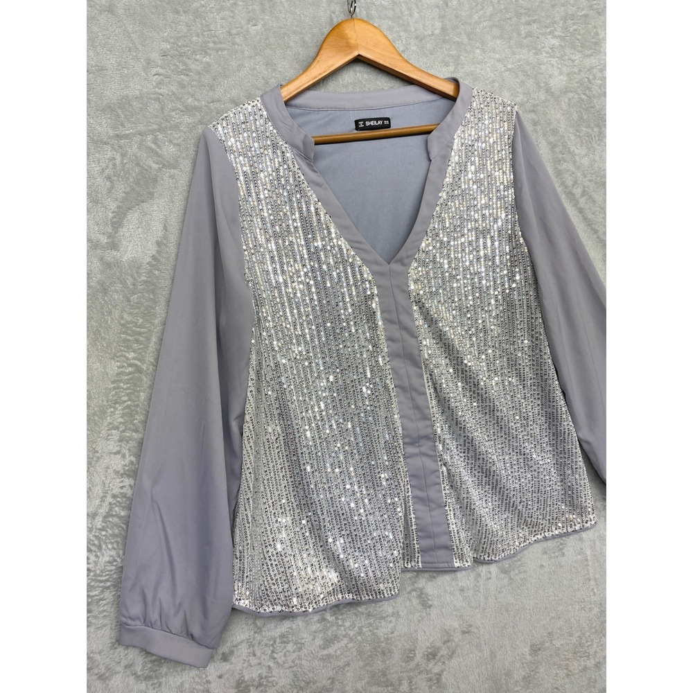 Glam Whimsy Party Sequin V-Neck Blouse Sheilay Polyester Silver Grey Womens 3XL